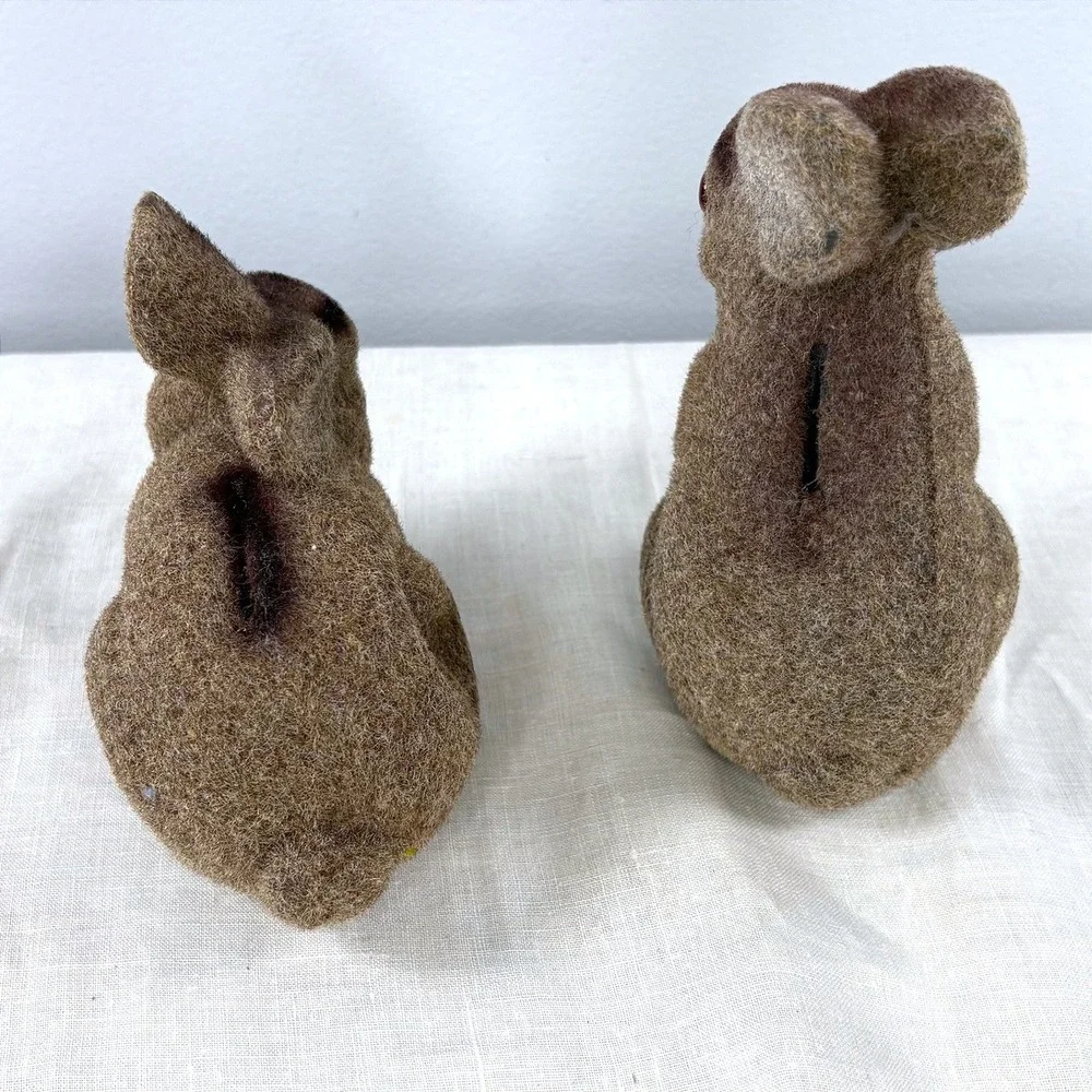 Vintage Flocked Brown Bunny Rabbit Figurine Set 2 Piece Easter Woodland Decor